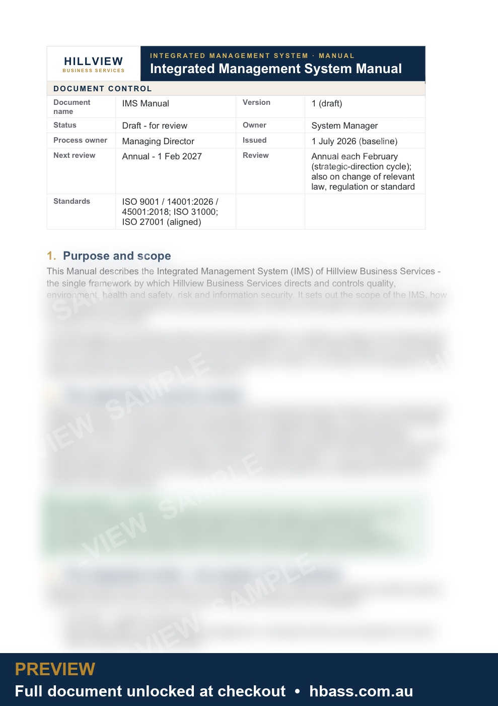 Hillview IMS Manual - sample preview (branded, partially blurred)