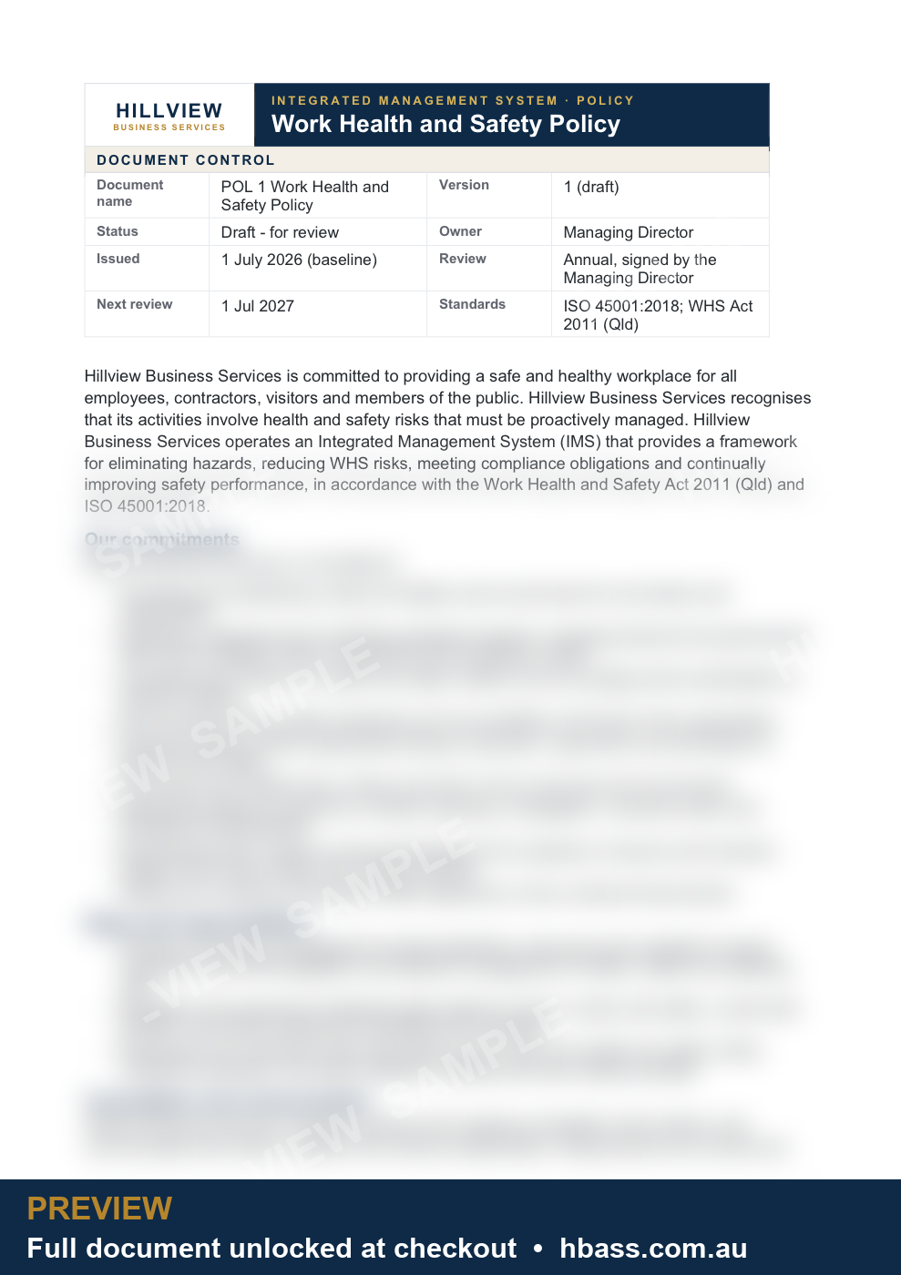 Hillview WHS Policy - sample preview (branded, partially blurred)
