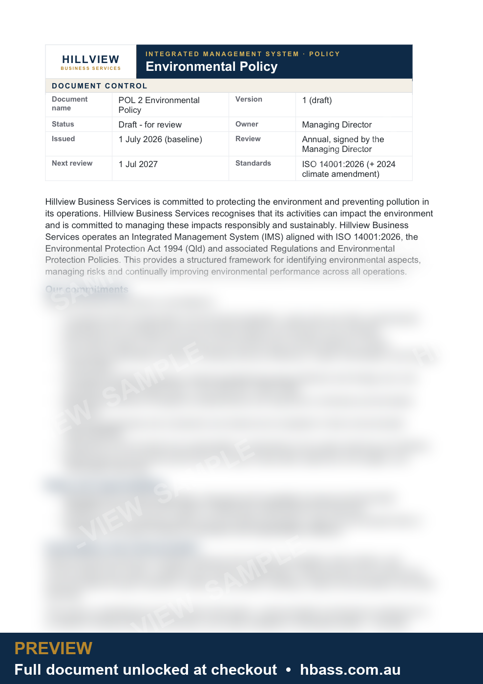 Hillview Environmental Policy - sample preview (branded, partially blurred)