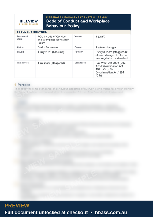 Hillview Code of Conduct Policy - sample preview (branded, partially blurred)