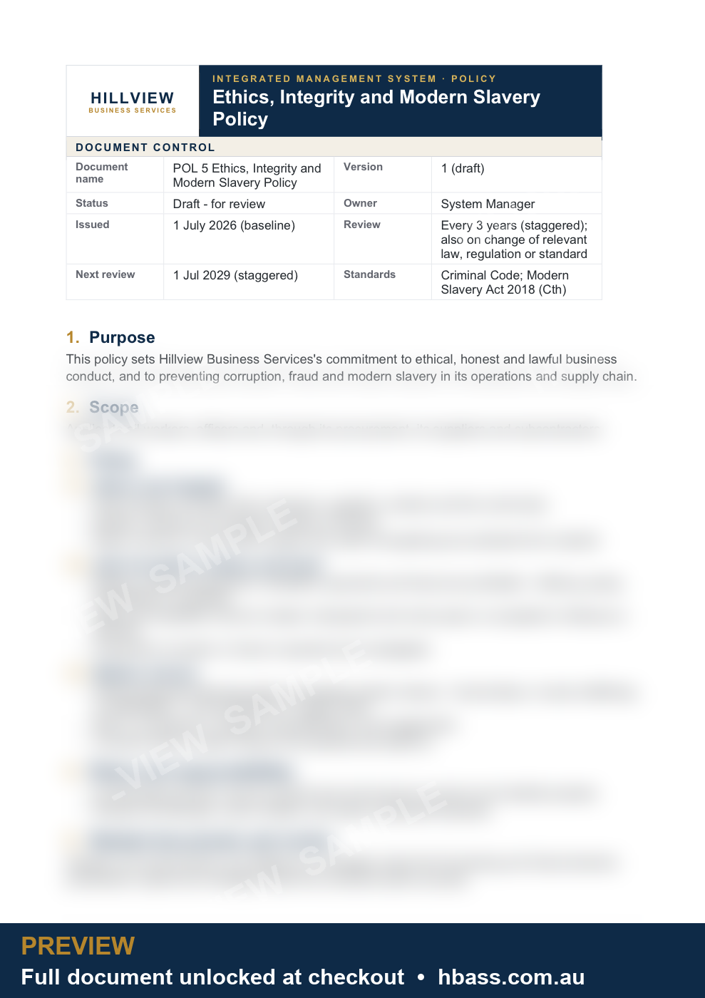 Hillview Ethics and Modern Slavery Policy - sample preview (branded, partially blurred)
