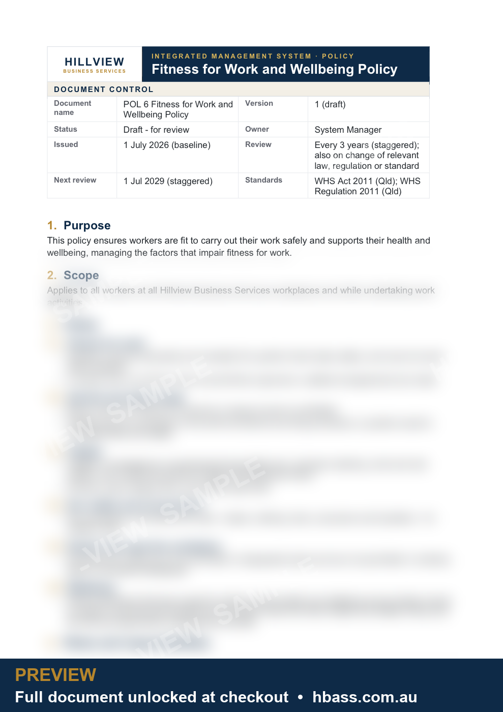 Hillview Fitness for Work and Wellbeing Policy - sample preview (branded, partially blurred)