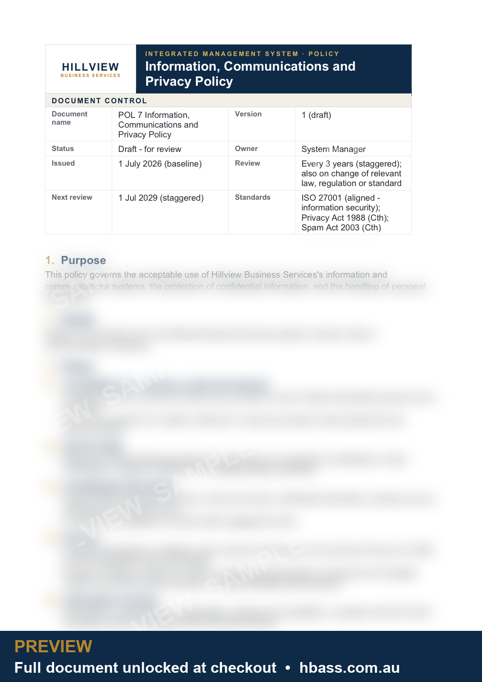Hillview Information and Privacy Policy - sample preview (branded, partially blurred)