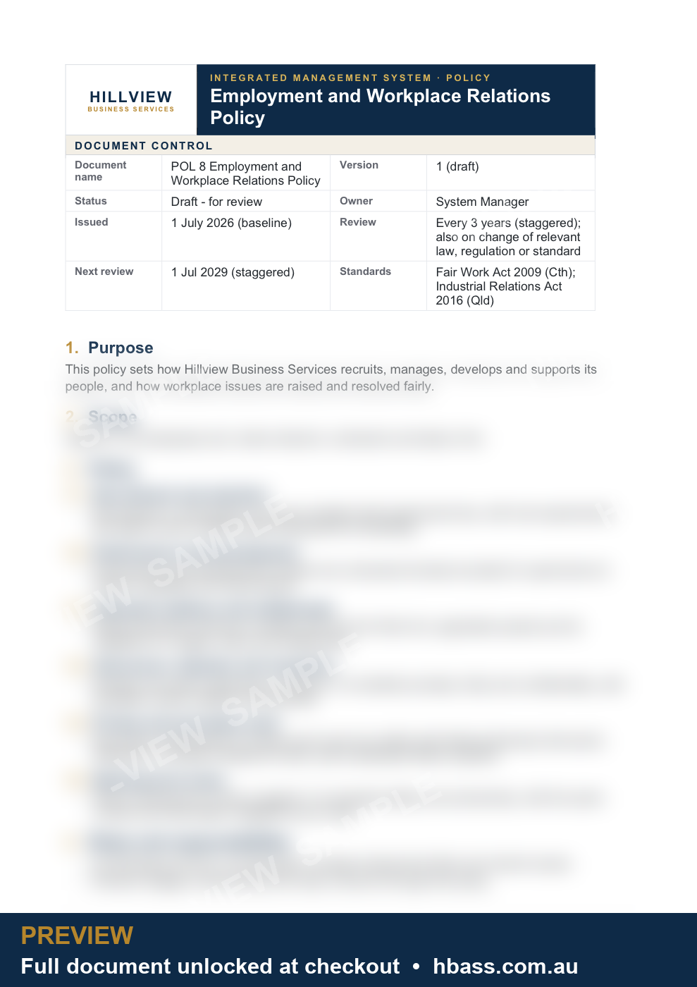 Hillview Employment and Workplace Relations Policy - sample preview (branded, partially blurred)