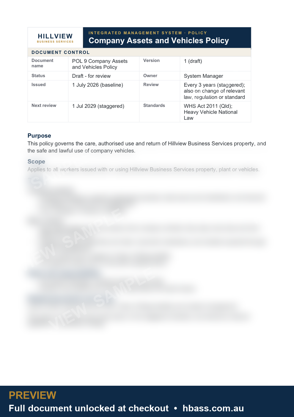 Hillview Company Assets and Vehicles Policy - sample preview (branded, partially blurred)