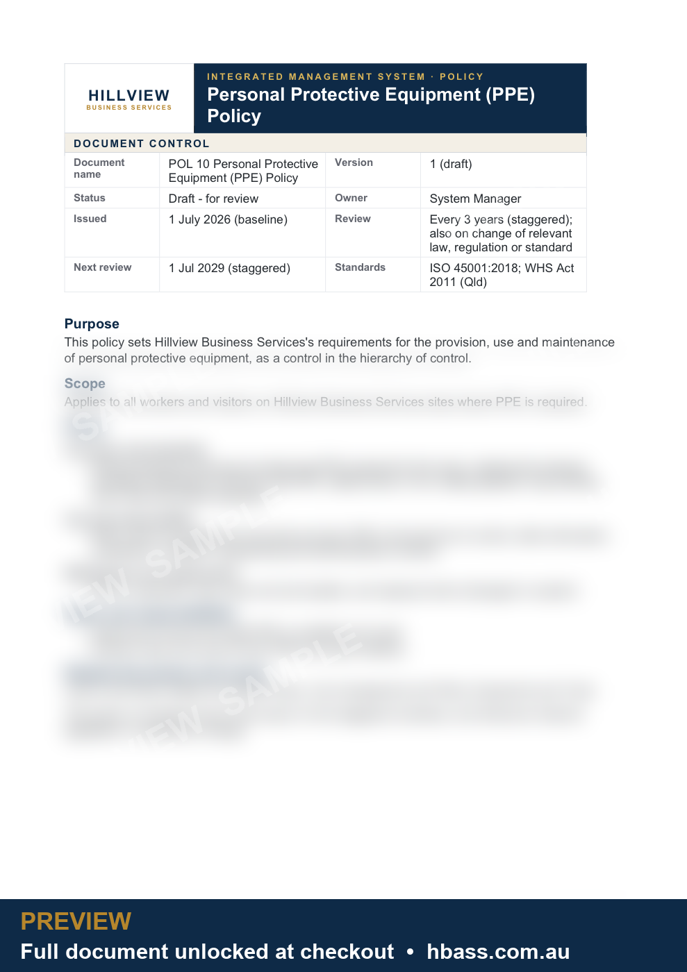 Hillview PPE Policy - sample preview (branded, partially blurred)