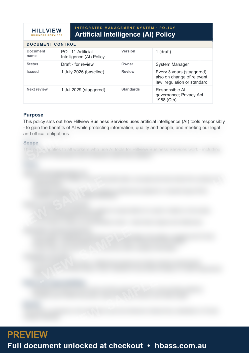Hillview AI Policy - sample preview (branded, partially blurred)