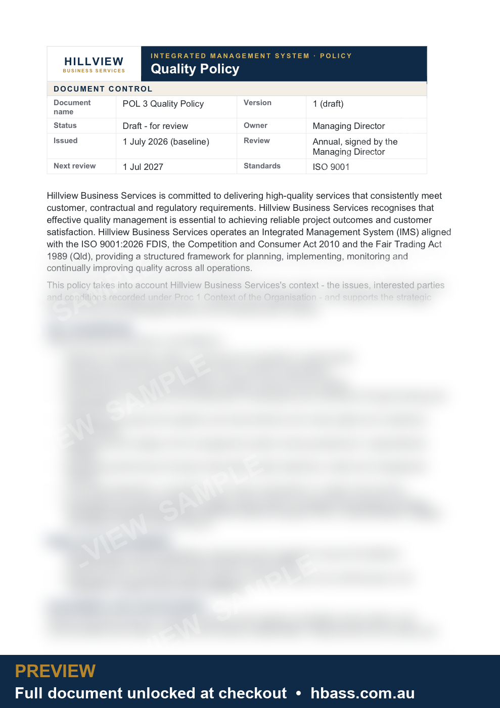 Hillview ISO 9001 Quality Policy - sample preview (branded, partially blurred)