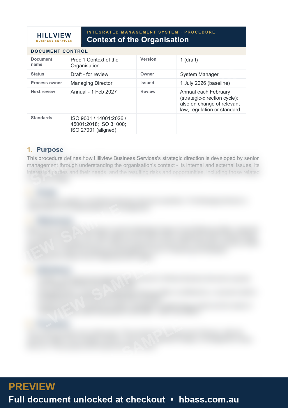 Hillview Context of the Organisation Procedure - sample preview