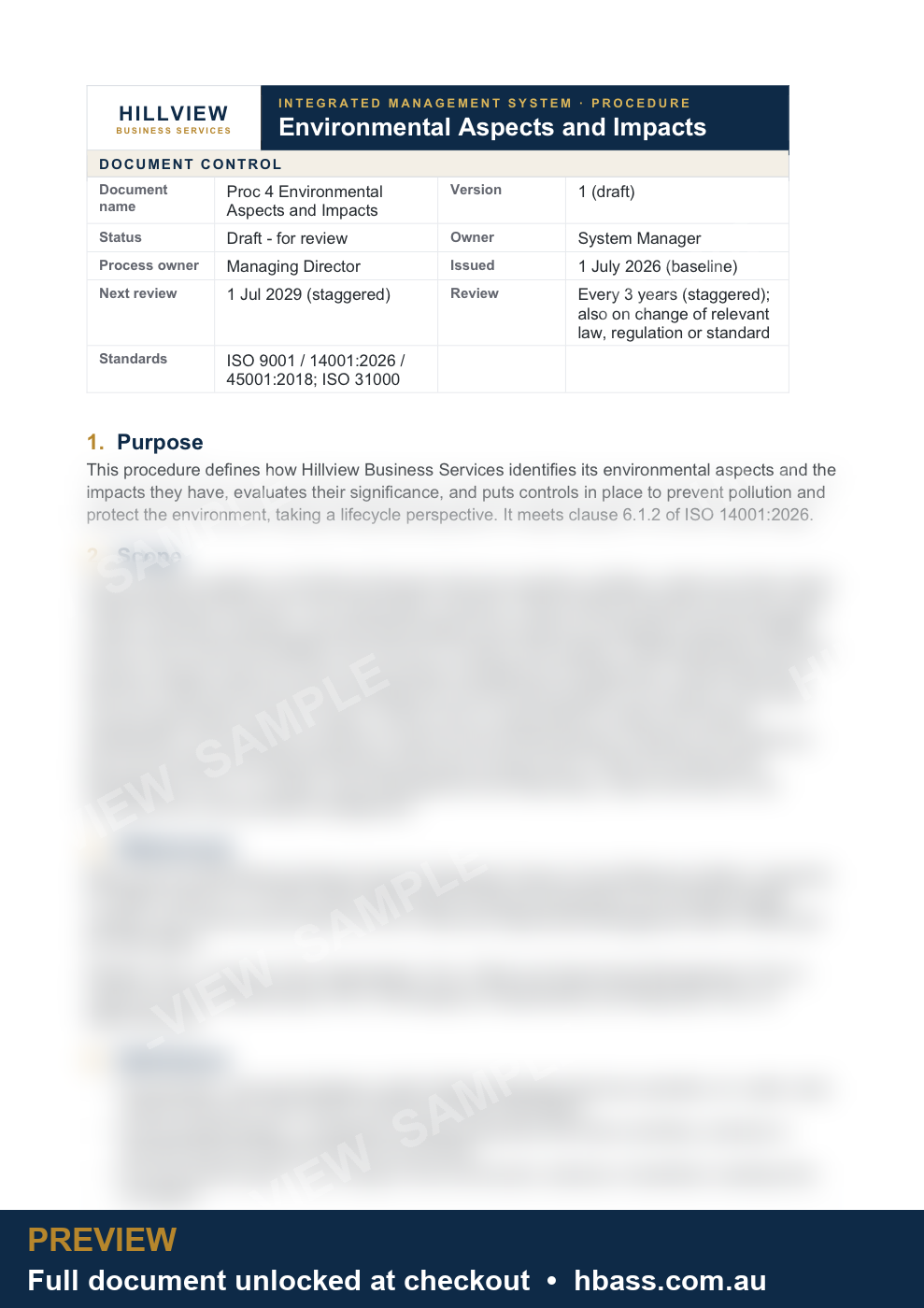 Hillview Environmental Aspects and Impacts Procedure - sample preview