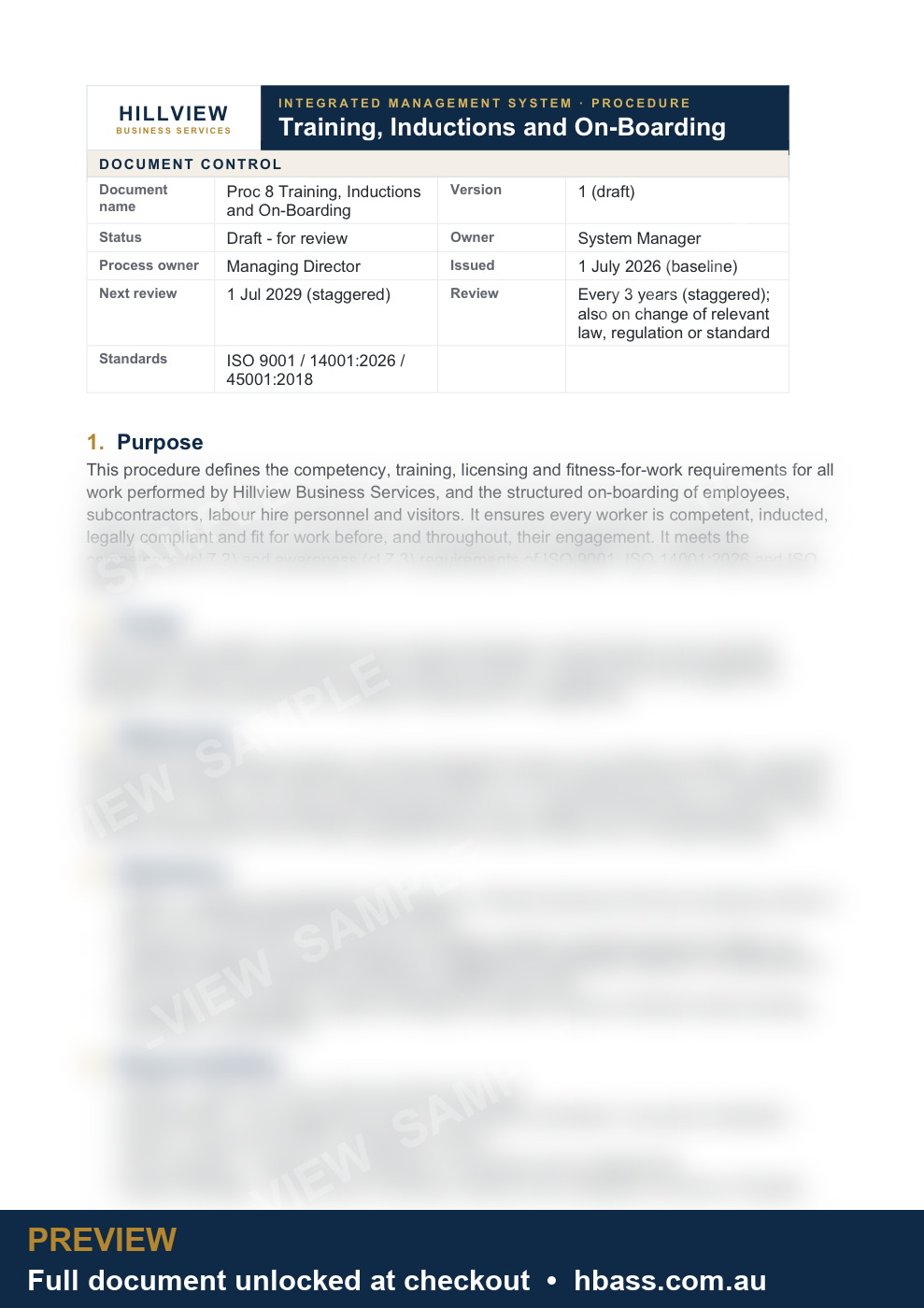 Hillview Training and Onboarding Procedure - sample preview