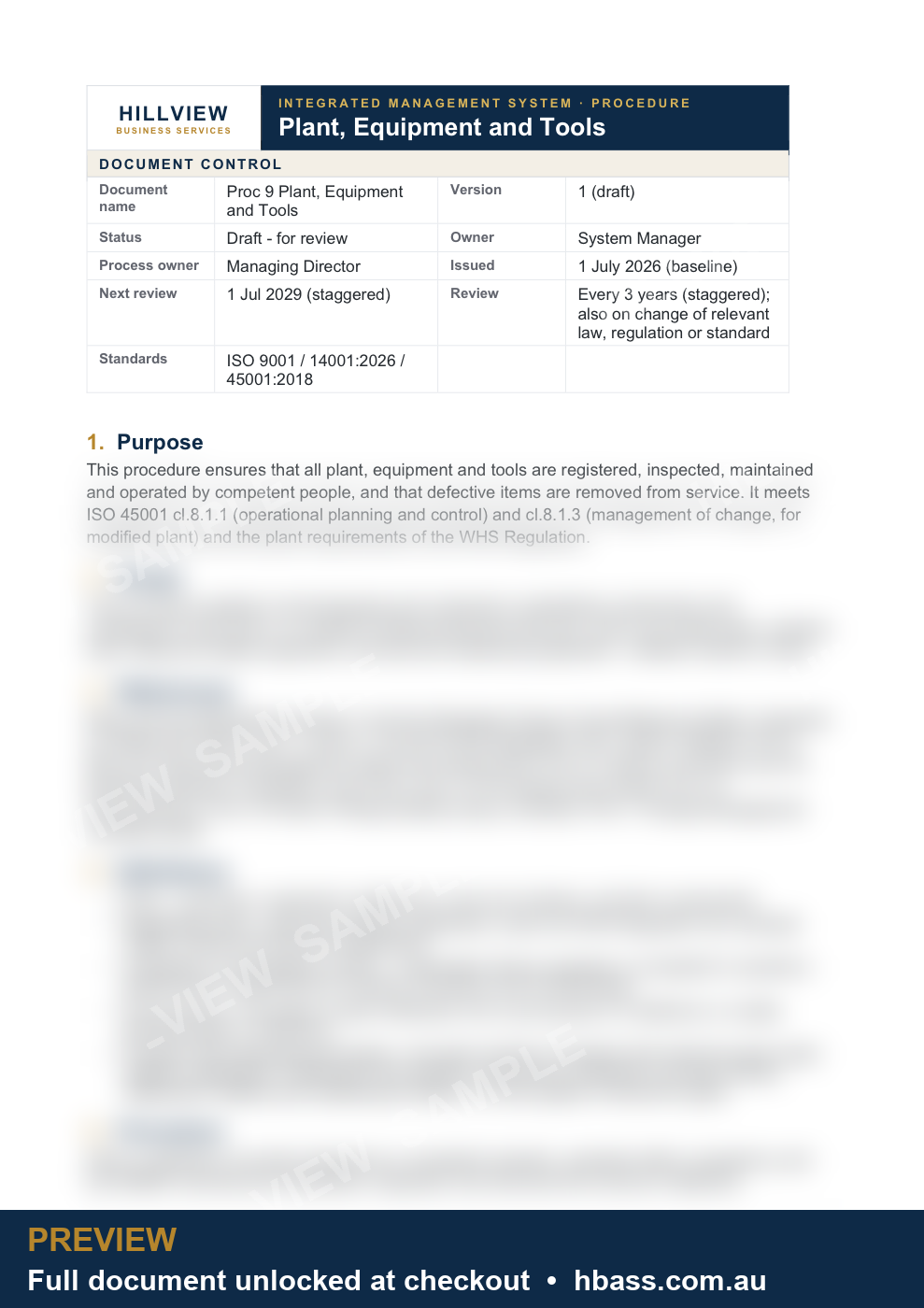 Hillview Plant Equipment and Tools Procedure - sample preview