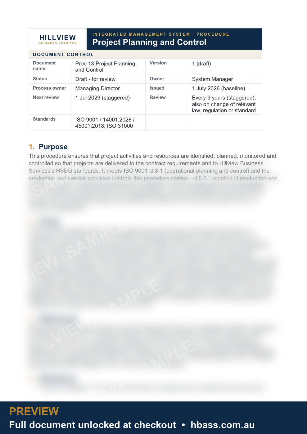 Hillview Project Planning and Control Procedure - sample preview