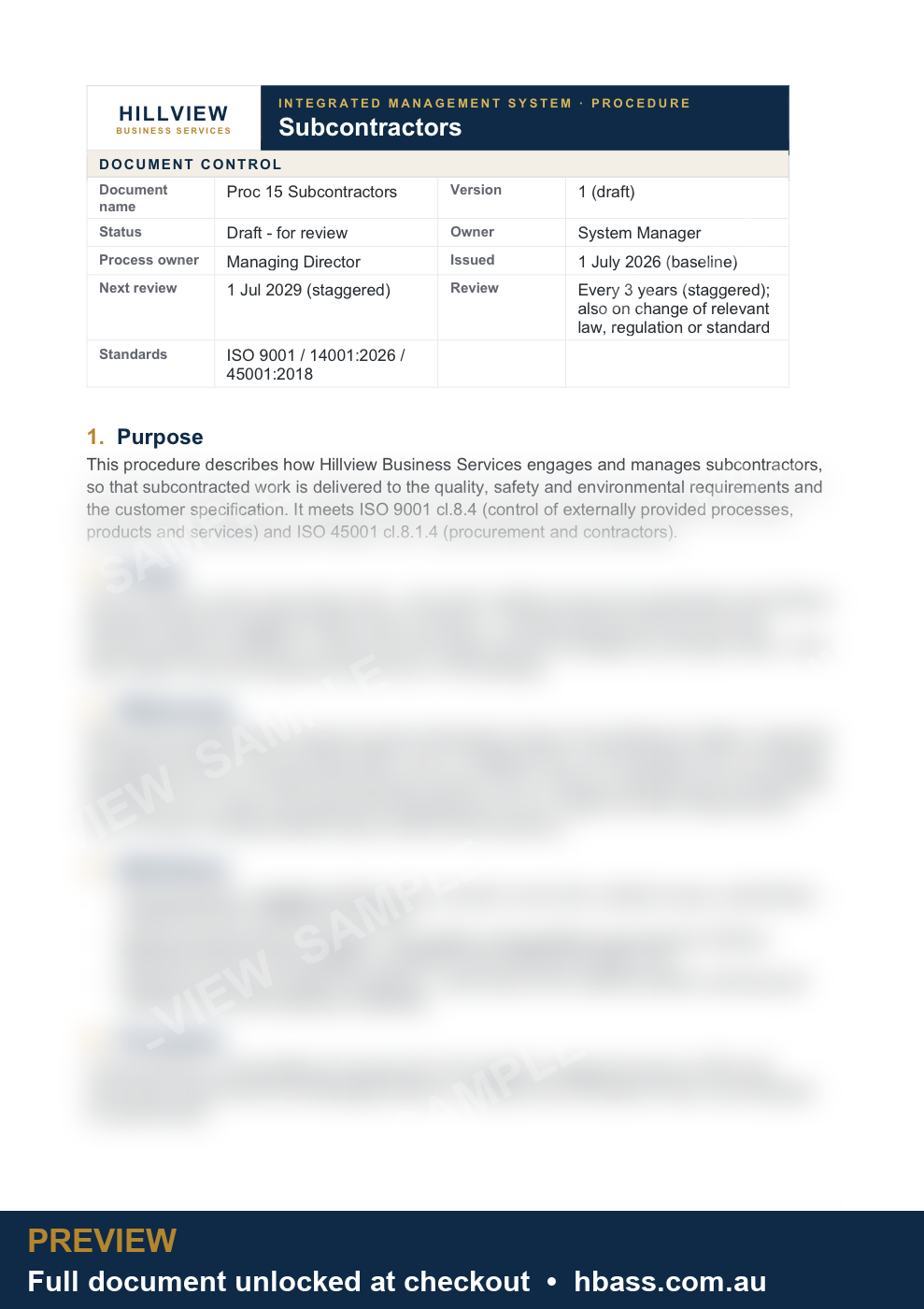 Hillview Subcontractors Procedure - sample preview
