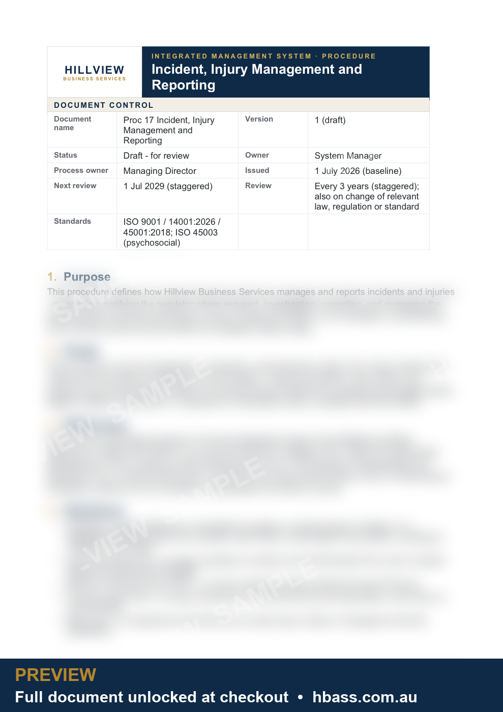Hillview Incident and Injury Management Procedure - sample preview