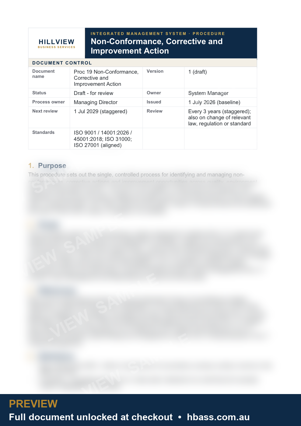Hillview NCR and Corrective Action Procedure - sample preview