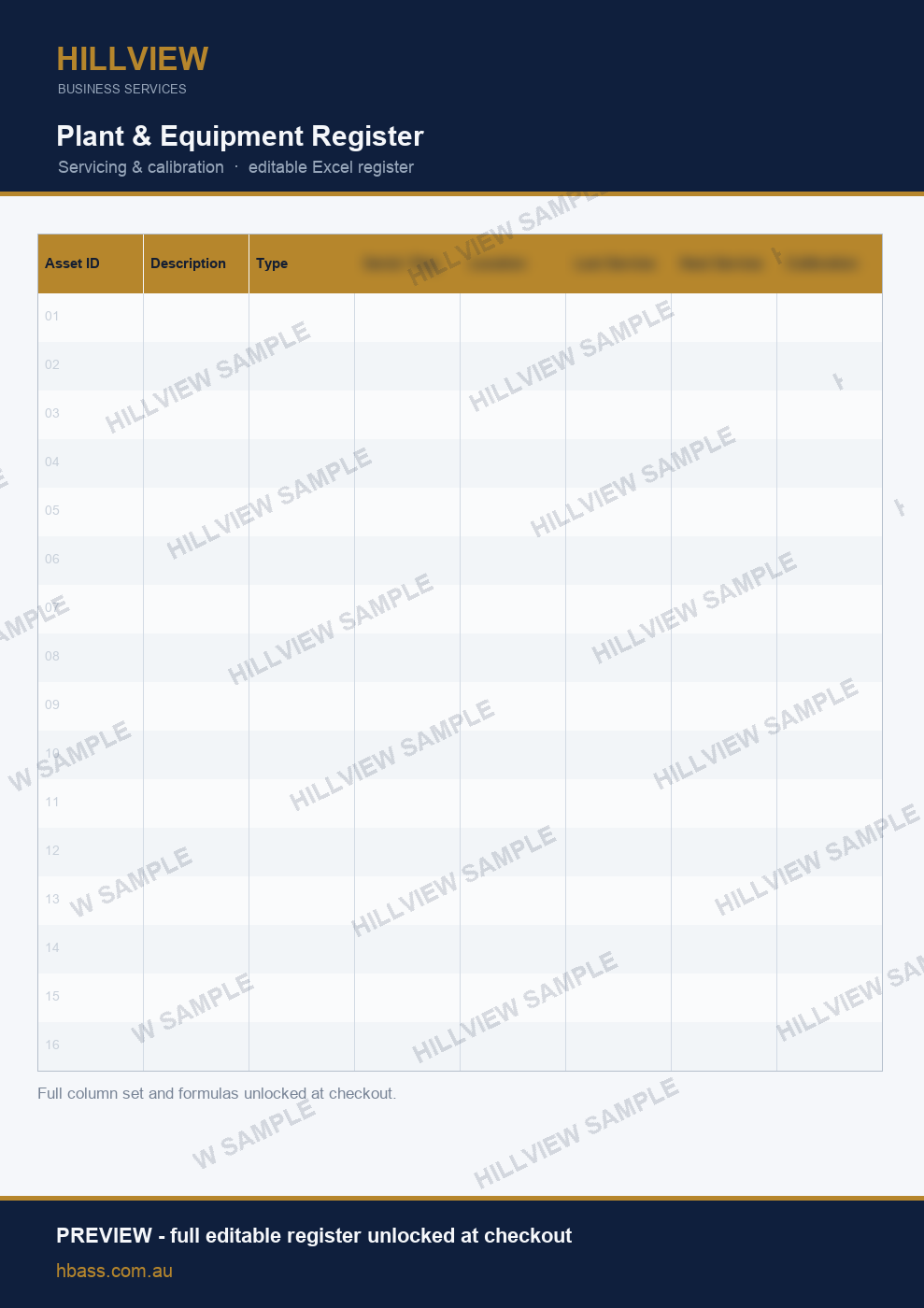 Plant and Equipment Register - preview